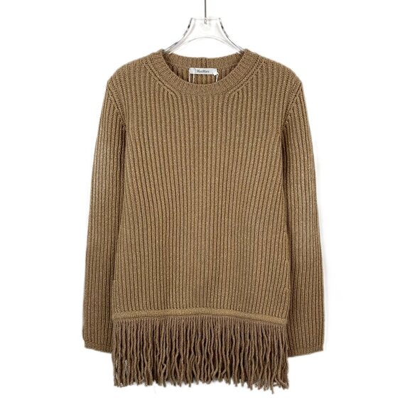 H10276 Maxmara Brown hem fringed sheep wool round neck sweater size S Brand new